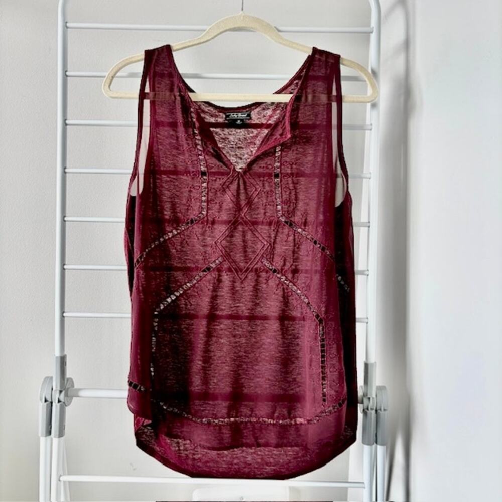 Lucky Brand Burgundy Boho Sheer Embroidered Tank M